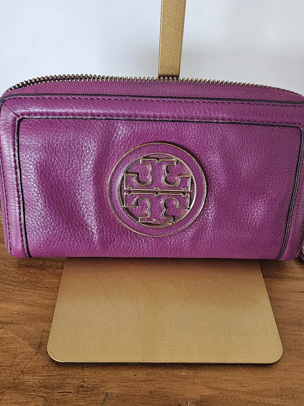 Tory Burch Magenta Leather Zip-Around Wallet with Gold Logo